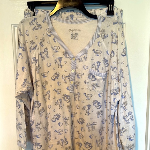Women’s Carole Hochman New York Blue White Cat Print Pajama Set long sleeve Sz L - Picture 2 of 7